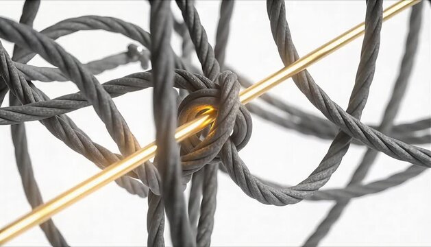 abstract 3d visualization of chaotic knot untangling into straight gold line for mental clarity and stress awareness concept