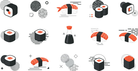 Minimal Sushi Icon Set with Nigiri, Maki Rolls, Soy Sauce and Abstract Japanese Elements for Restaurant Branding, Menu Design, Packaging, and Modern Food Illustration Projects © Shefali