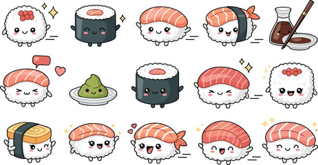 Cute Kawaii Sushi Characters Vector Set with Salmon Nigiri, Maki Rolls, Rice Balls and Funny Mascot Faces for Stickers, Kids Design, Japanese Food Branding, Packaging, and Social Media © Shefali