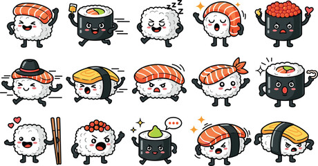 Cute Kawaii Sushi Characters Vector Set with Nigiri, Maki Rolls, Rice Balls and Funny Mascot Expressions for Stickers, Kids Design, Japanese Food Branding, Packaging, and Social Media © Shefali