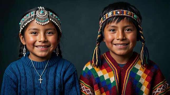 Dos niños indígenas sudamericanos  sonriendo para  la cámara