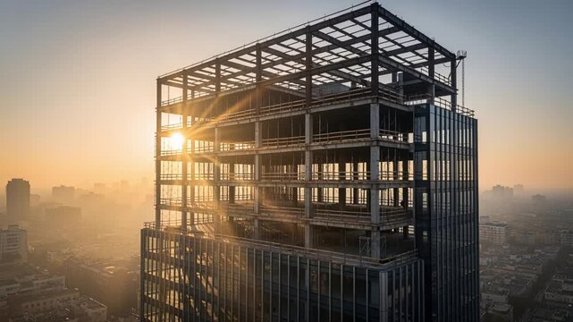 Panoramic view of city with geometric metallic rooftop framework at sunrise