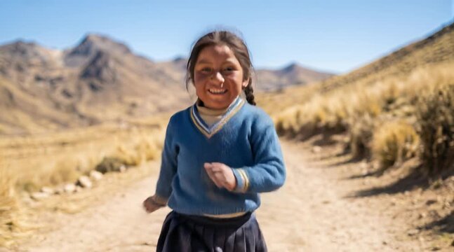 Niña indígena corriendo alegremente por un sendero de tierra en los Andes