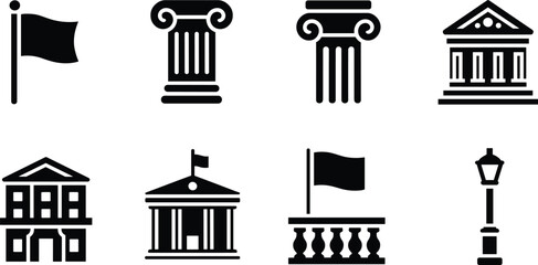 Fototapeta premium Classical architecture icon set, columns, government buildings, flags, balcony, street lamp, ancient Greek Roman style, minimalist black vector symbols