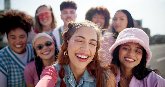Selfie, social media and face with people in city for , influencer, fashion and streaming. Post, profile picture and gen z with group portrait of friends for subscription, viral and photography pov