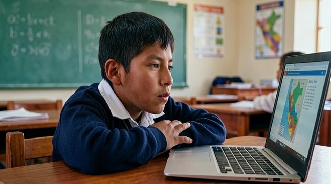 Niño indígena estudiando con computadora en una escuela rural