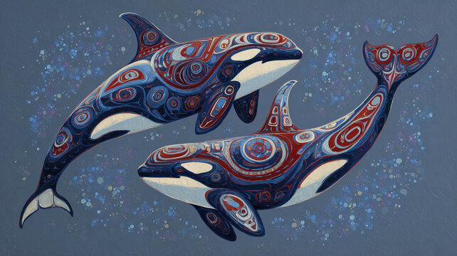 Orca whale pair indigenous northwest coast haida art style traditional tribal orca killer whale nautical design.