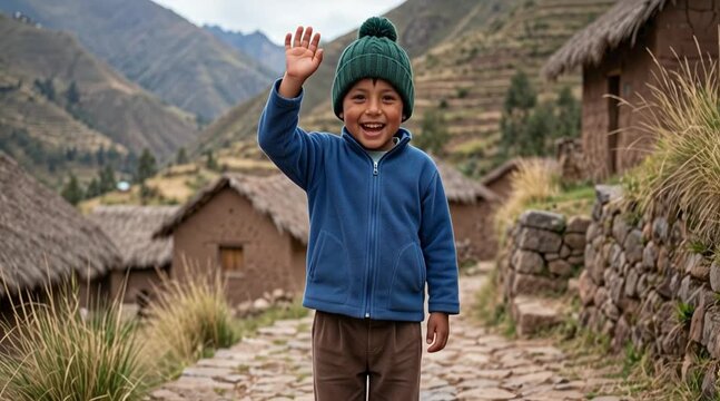 Pequeño niño indígena sonriendo y saludando en un sendero de piedra