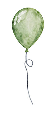 Cute green Air Balloon. Hand drawn Watercolor illustration with multicolored round Ballons. Baby and kids birthday party decoration.