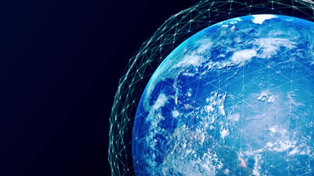 Glowing Blue Earth with Global Digital Plexus Network and Data Waves, Futuristic Technology Planet Background Loop