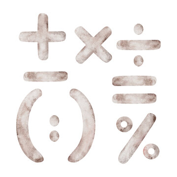 Watercolor mathematical signs. Hand painted Math addition Plus, minus, multiply, divide, equal illustrations. Symbol clipart isolated on background