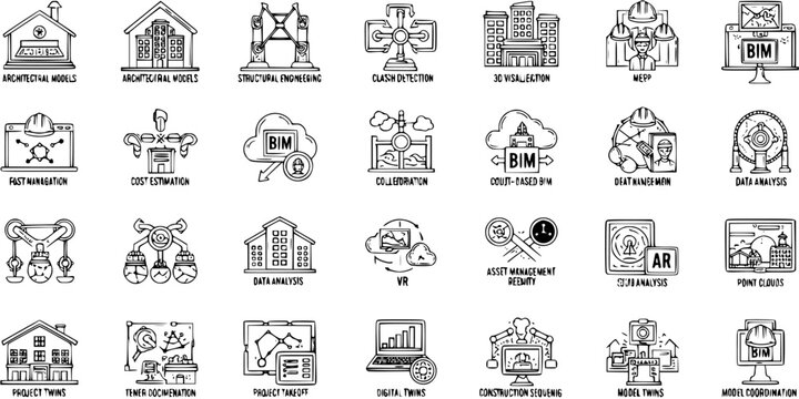 BIM  Construction Industry Hand-Drawn Outline Icons Set: Architectural, Structural Engineering, MEP, Project Management, Digital Twins