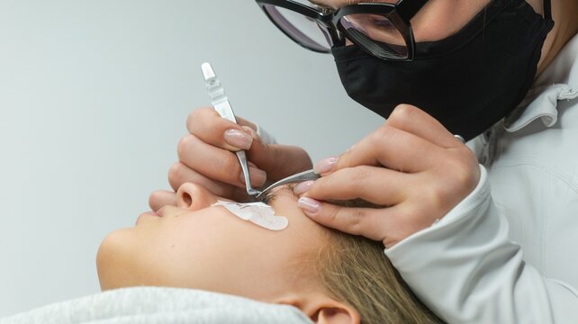 Professional applying eyelash extensions with tweezers for a beauty treatment
