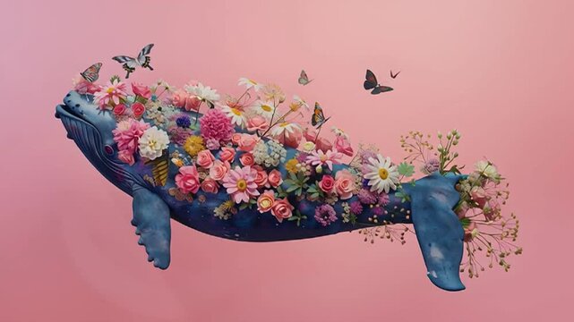 A pastel, colorful, illustrated whale-fish adorned with flowers sails through the sky a soft, abstract, elegant, pink water creature.