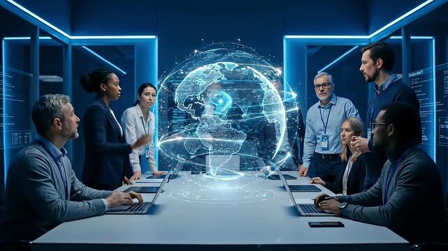 Business team collaborating around holographic digital globe in modern conference room representing global analytics and strategy.