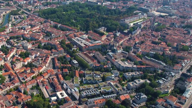 Aerial view beside the old town around the city Nancy in France on a sunny summer noon.