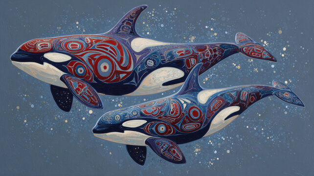 Orca whale pair indigenous northwest coast haida art style traditional tribal orca killer whale nautical design.