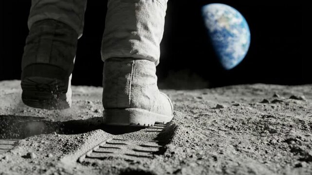 An astronaut walks on the moon's surface, leaving footprints in the lunar dust. Earth is visible in the background as the astronaut explores this unique landscape