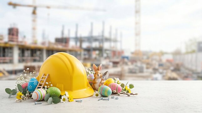 Yellow safety helmet decorated with colorful easter eggs bunny and flowers on white surface. Construction site background for easter holiday workplace celebration. Building theme with seasonal spring