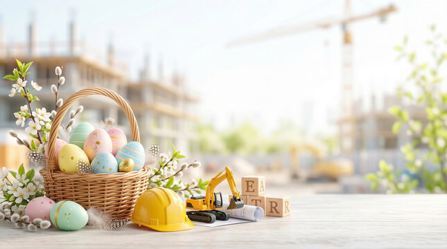 Easter basket filled with colorful painted eggs and pussy willow branches on wooden table. Construction hard hat, toy excavator, wooden build blocks and blueprint nearby. Blurred building site
