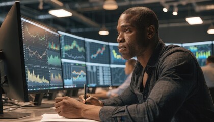 Fototapeta premium Risk office medium shot showing a financial analyst monitoring live portfolio correlations on multiple screens foreground sharp with outoffocus charts behind.