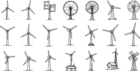 Various Wind Turbines and Windmills: Hand-Drawn Vector Set © victoria