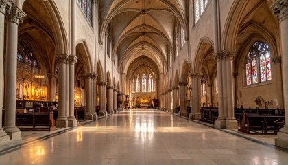 Fototapeta premium Grand Gothic Church Interior with Arches Stained Glass and Long Aisle