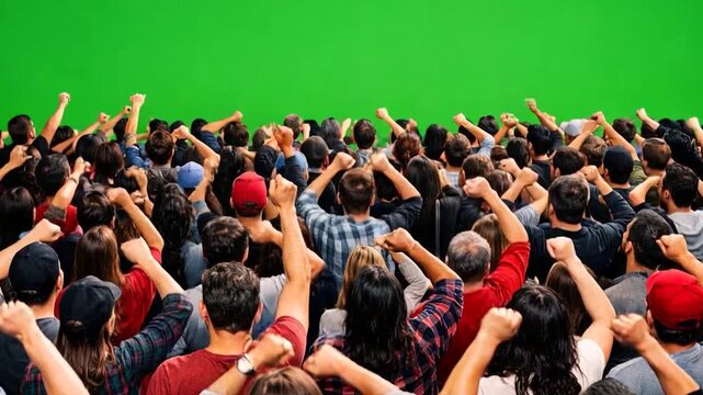 Green screen chroma key back view of huge crowd jumping and cheering at a concert or a show. 


