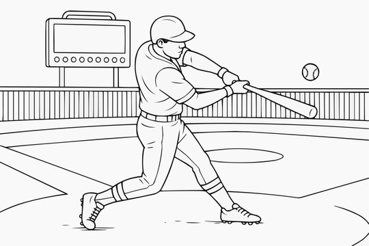 Coloring page for children - a baseball player hits a ball with a bat on the field