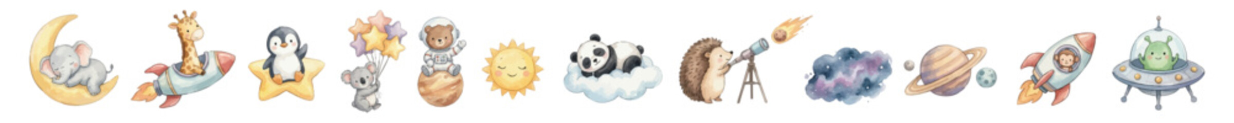 Cute watercolor baby animals in space set with elephant, giraffe, panda, penguin, koala, hedgehog, bear, rocket, stars, moon, sun, planets. Collection of Vector illustrations.  © maria