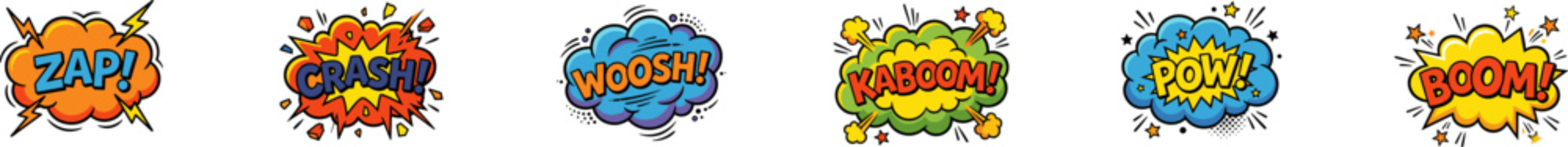 Vector set of vibrant comic book explosion bubbles with sound effects