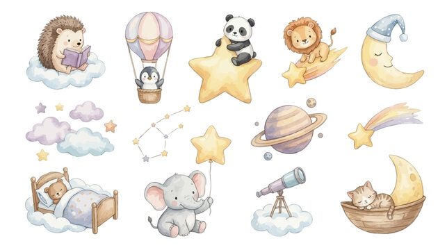 Adorable watercolor nursery night space clipart with animals, sleeping kitten on moon, panda star, lion shooting star, elephant with balloon, hedgehog reading, penguin balloon set. Collection of Vecto