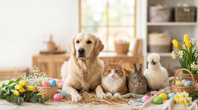 Golden retriever dog orange cat rabbit and silkie chicken with easter eggs flowers and baskets on wooden table. Festive spring pets arrangement. Cute animal friendship for holiday celebration and