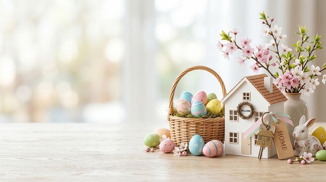 Colorful easter eggs in woven basket with small house model and key. Bunny figure and pink cherry blossoms on wooden table. Spring holiday symbol of new home and renewal