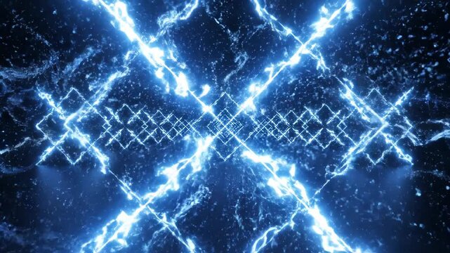 Blue neon light blazes in a bold abstract geometric pattern against a dark minimalist wallpaper in a vivid three-dimensional illustration.