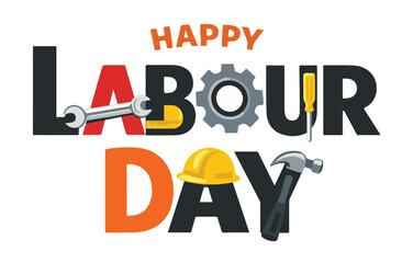 Happy Labour Day Typography with Hard Hat and Construction Hand Tools