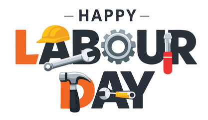 Happy Labour Day Typography with Construction Tools and Safety Hard Hat
