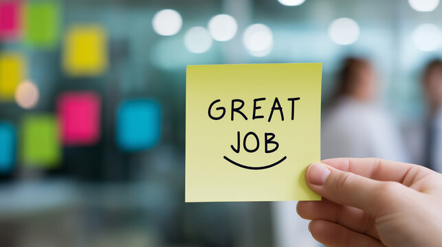 Hand holding a yellow post it note with great job handwritten, representing appreciation, feedback, and encouragement in a workplace setting with colleagues in the blurred background, copy space