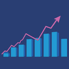 Obraz premium Growth chart shows increase over time with blue bars and pink line pointing up