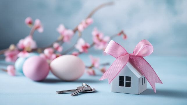 Small house model with pink ribbon tie and home keys, representing real estate investment, buying a property, or giving a house as a gift during spring season
