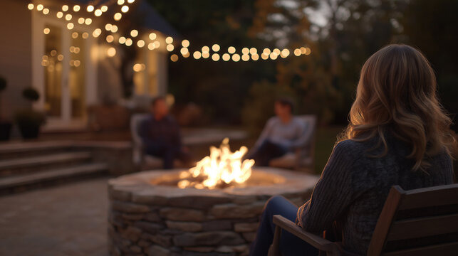 Woman relaxing by a backyard fire pit at night, enjoying warmth and togetherness with friends during an outdoor social gathering and celebration