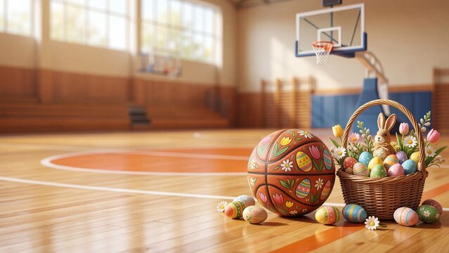 Decorated basketball with easter egg patterns on gym floor surrounded by colorful eggs flowers tulips and bunny in woven basket. Holiday sports fusion for creative easter celebration and fun