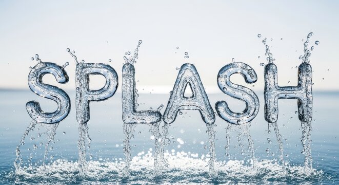 Splash word made of water drops and liquid ripples. Refreshing aquatic typography, H2O letter art, and moisture spray concept. Scientific name: Dihydrogen Monoxide Fluid Dynamics.