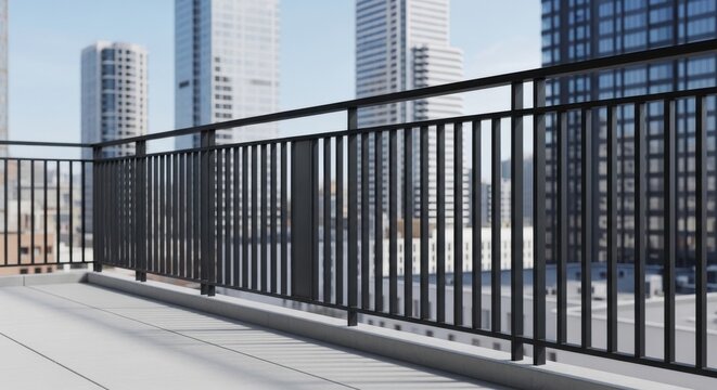 Matte black metal railing with clean geometric design on a modern urban balcony overlooking city skyscrapers
