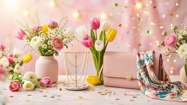 Pink tulips and daisies arranged with pearl necklace and pink handbag on table. Feminine spring floral flat lay with confetti and sparkles. Elegant accessories concept for celebration and womens day