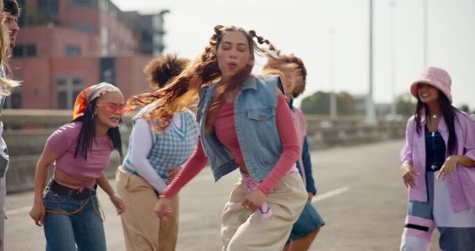 Dance crew, performance and talent with people in city for energy, fitness and creative choreography. Artist, celebration and gen z with friends in road for hip hop, inspiration and streetwear style