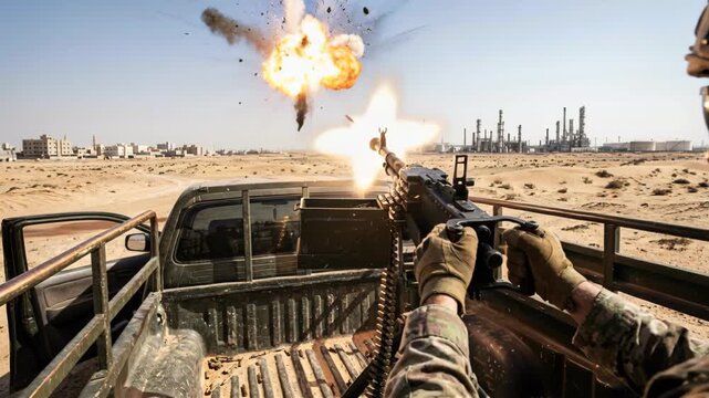 A soldier fires a machine gun at a combat drone from a vehicle in a desert area. Smoke and explosions occur as they engage in live-fire training near an oil refinery