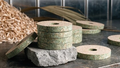 Naklejka premium Medium shot of small cutoff wheels with plantbased resin binders highlighting sustainable manufacturing of ecofriendly abrasive tools in a modern workshop setting.
