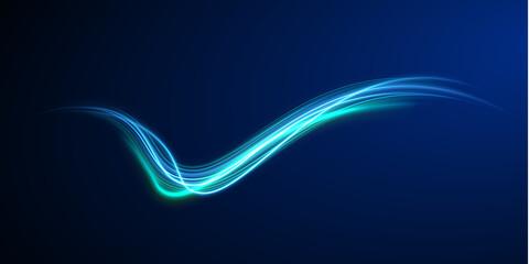 Obraz premium Bright streaks of light curve in space. Smooth motion lines form dynamic patterns. Energy glow suggests speed and motion.