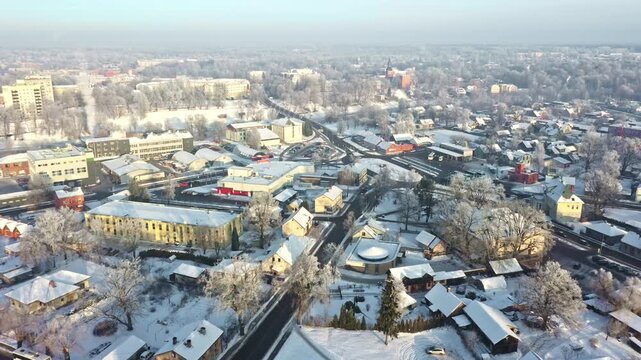 Cityscape Of Valmiera During Wintertime In Latvia - Drone Shot